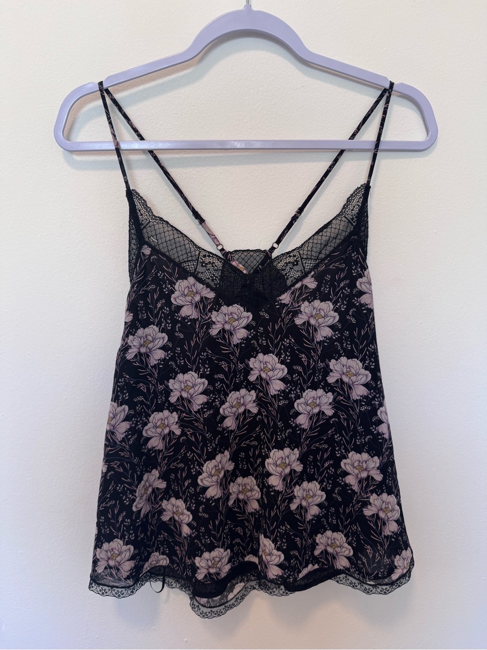 Floral Lace Trim Cami Tank - Black with Light Pink Flowers